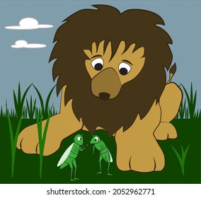 Cartoon illustration of a lion listening to the talk of his best friend grasshoppers