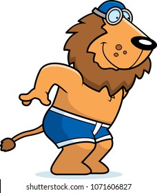 A cartoon illustration of a lion preparing to dive and swim.