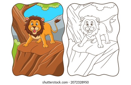cartoon illustration lion roaring cliff in the middle forest book page for kids