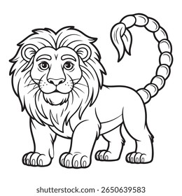 a cartoon illustration of a lion with a scorpion tail, outlined in black on a white background. it is a hybrid creature design.