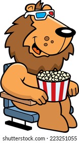 A cartoon illustration of a lion watching a 3D movie.