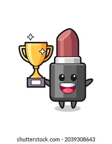 Cartoon Illustration of lipstick is happy holding up the golden trophy , cute style design for t shirt, sticker, logo element