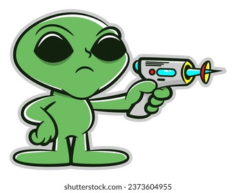 Cartoon illustration of Little Alien using blaster gun to invasion the earth. Best for sticker, logo, and mascot with extraterrestrial themes for kids