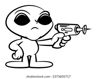 Ilustración de caricatura de Little Alien usando arma de afilador para invadir la tierra. Mejor para el esquema, logotipo y libro de colorear con temas extraterrestre para niños