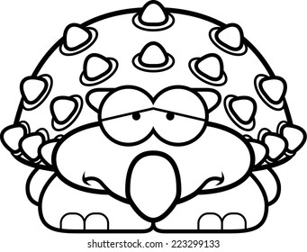 A cartoon illustration of a little ankylosaurus with a sad expression.