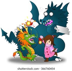Cartoon illustration of little Asian Chinese girl playing firecracker with both Chinese and Western dragon celebrating Chinese New Year festival in isolated background, create by vector
