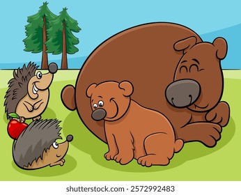 Cartoon illustration of little bear with his mother and cute hedgehogs animal characters