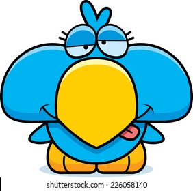 A cartoon illustration of a little blue bird with a goofy expression.