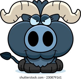 A cartoon illustration of a little blue ox with a sly expression.