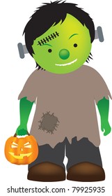 cartoon illustration of a little boy dressed up as frankenstein