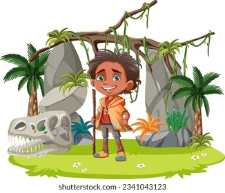 A cartoon illustration of a little boy hiking in a forest