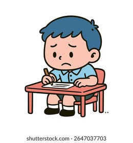 A cartoon illustration of a little boy looking unhappy while taking a test at his school desk