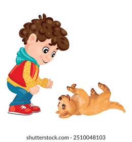 Cartoon illustration of a little boy playing with his puppy dog, perfect for children's books or educational materials