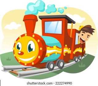 Cartoon illustration of a Little boy riding a real size toy train.