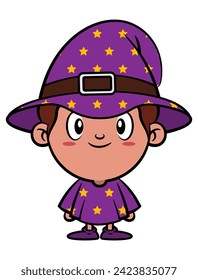 Cartoon illustration of little boy wearing sorcerer costume at halloween party. Best for sticker, logo, and mascot with halloween themes