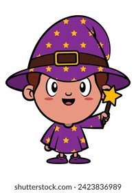 Cartoon illustration of little boy wearing merlin costume like a hat and cloak and carrying a star wand. Best for sticker, logo, and mascot with halloween themes