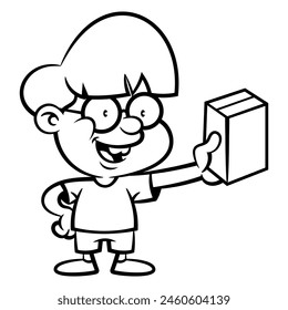 Cartoon illustration of little boys wearing eyeglasses and carrying a box of cereal for breakfast. Best for outline, logo, and coloring book for cereal product