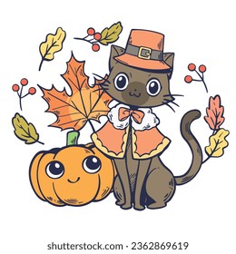Cartoon illustration of little cat and autumn. These cute cartoon file are perfect for T-shirts, phone cases, bags, mugs, stickers, tumblers.