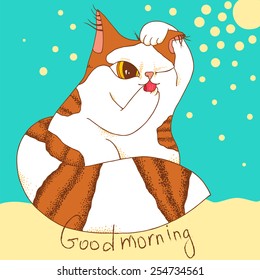 Cartoon illustration of little cat in the morning - vector format