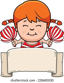 A cartoon illustration of a little cheerleader with a banner.