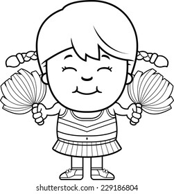A cartoon illustration of a little cheerleader with pompoms.