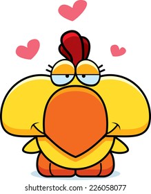 A cartoon illustration of a little chicken with an in love expression.