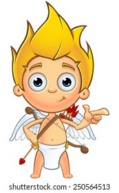 A cartoon illustration of a little cupid character with blonde hair.