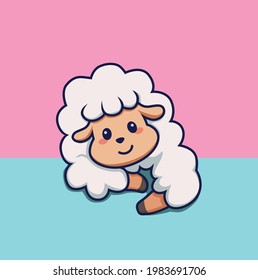 Cartoon illustration, little cute sheep trying to climb into the blue shape 
