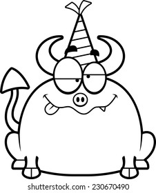 A cartoon illustration of a little devil with a party hat looking drunk.