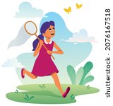Cartoon illustration with little girl chasing butterflies.