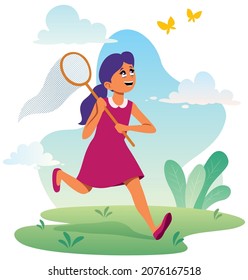 Cartoon illustration with little girl chasing butterflies.