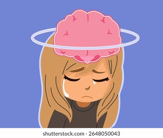 Cartoon illustration of a little girl crying, showing a symbolic brain in pain. Drawing for mental health challenges, emotional pain or child psychology