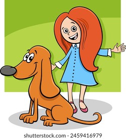 Cartoon illustration of little girl with funny brown dog character