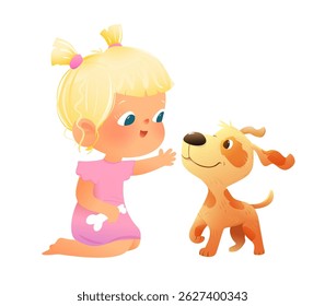 Cartoon illustration of a little girl greeting her puppy. Kid and dog playing, cute dog and baby girl touching her pet. Colorful vector characters illustration clip art for children education.