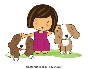 Cartoon illustration of little girl petting puppies.