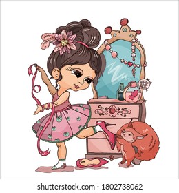 Cartoon illustration of a little girl in a pink elegant dress looks in the mirror. The girl is trying on large high-heeled shoes. Funny squirrel playing with a child