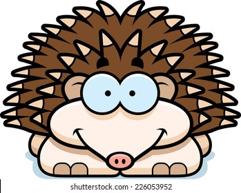 A cartoon illustration of a little hedgehog happy and smiling.