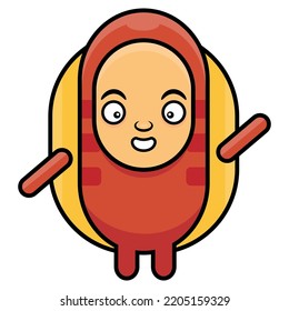 Cartoon illustration of Little Hotdog sandwich mascot characters, best for sticker, logo, and decoration for fast food restaurant or street food vendor