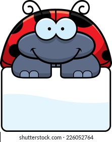 A cartoon illustration of a little ladybug with a white sign.