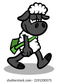 Cartoon illustration of Little Lamb wearing a bag and walking lazy to school, best for sticker, logo, and mascot with educational themes for children