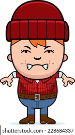 A cartoon illustration of a little lumberjack looking angry.