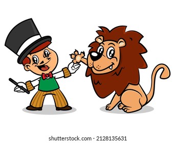 Cartoon illustration of Little magician and lion greeting after acrobatics performance, best for mascot, sticker, logo, and decoration with circus themes for kids