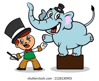 Cartoon illustration of Little Magician perform acrobatics with elephant, best for mascot, sticker, logo, and decoration with circus themes for kids