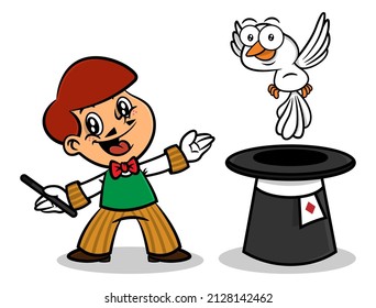 Cartoon illustration of Little magician show up the pigeon from magic hat, best for mascot, sticker, logo, and decoration with circus themes for kids