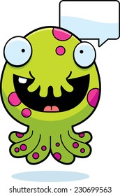 A cartoon illustration of a little monster talking.