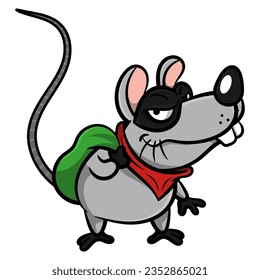 Dibujo de caricatura de A Little mouse con máscara y bufanda. Llevando una bolsa de dinero. Mejor para mascotas, logotipo y pegatinas con temas de corrupción