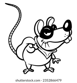 Cartoon illustration of A Little mouse wearing mask and scarf. carrying a bag of money. Best for outline, logo, mascot, and coloring book with corruption themes