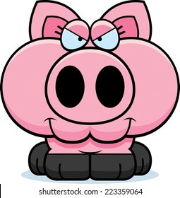 A cartoon illustration of a little pig with a devious expression.