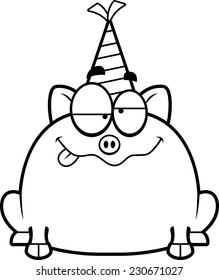 A cartoon illustration of a little pig with a party hat looking drunk.