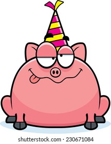 A cartoon illustration of a little pig with a party hat looking drunk.